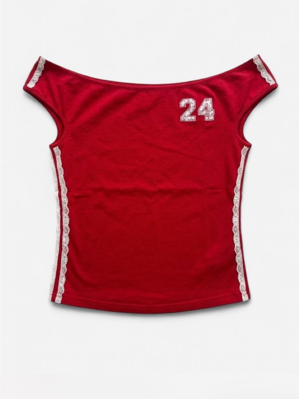 Women’s Red Off-Shoulder Lace-Trim Tank Top with 24 Detail